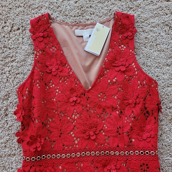 FLORAL Appliqué Lace Floral Dress Michael Kors Size 6 Red and Beige - Picture 3 of 8